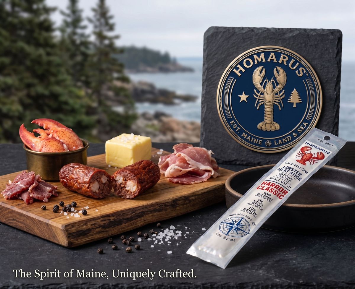 HOMARUS™ LLC charcuterie board with lobster meat stick, lobster claw, and artisan meats