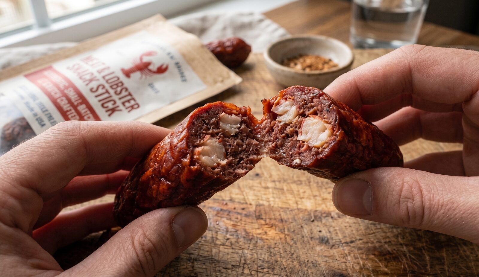 Inside a HOMARUS Meat & Lobster Snack Stick with real lobster chunks visible